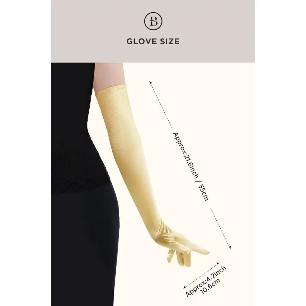 Women's Gold Vintage Satin Long Gloves Party Tea Costume Stretchy Elbow Length